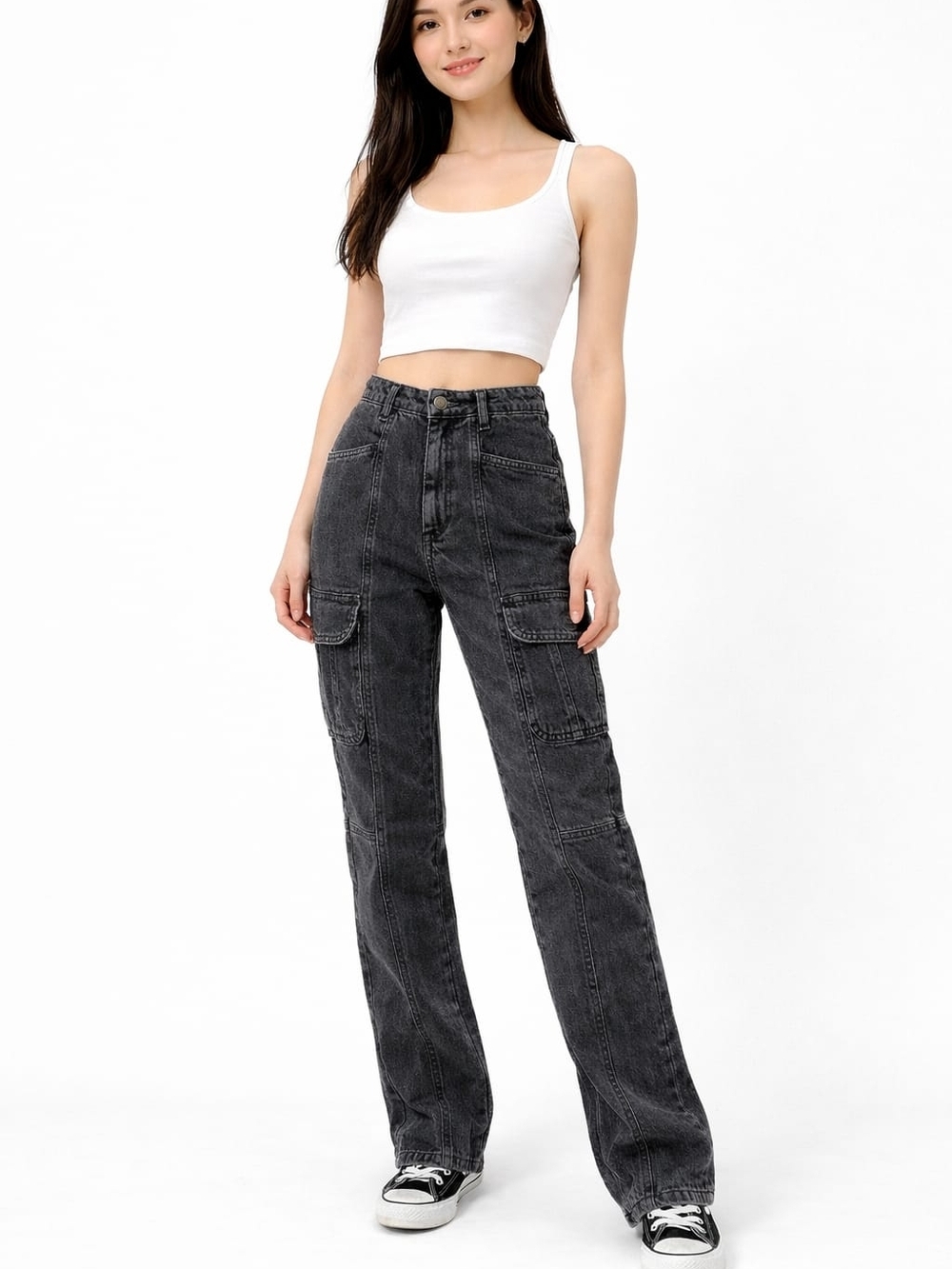 High-Waist Wide Leg Cargo Jeans - Black